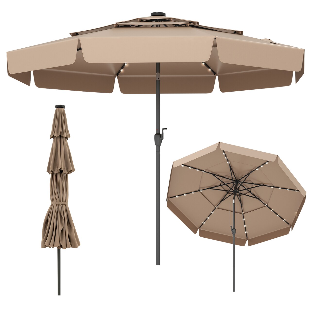 Polyester Solar LED 3-Tier Patio Umbrella with Tilt and 10x8.1 ft Shade